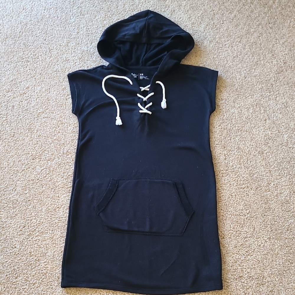 Black Hooded Swim Coverup with Lace-Up Front